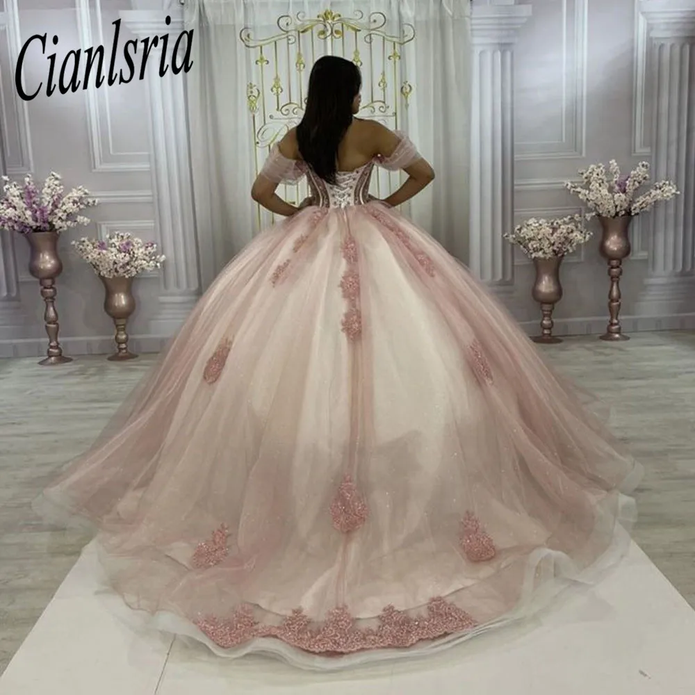 Prinzessin Rosa Quinceanera Kleider 2023 Appliques Off Schulter Geburtstag Party Süße 16 Kleider Lace-Up Nach