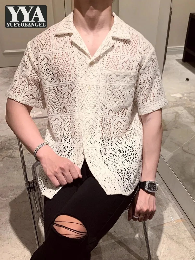 

Vintage Mens Summer Hollow Out Breathable Casual Shirt Single Breasted Short Sleeve Loose Fit Beach Tops Business Crochet Shirts