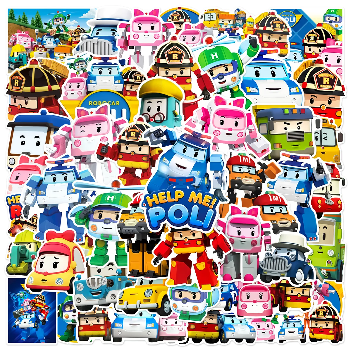 50 Pegatinas de Dibujos Animados de Robocar Poli para Scrapbook, Equipaje, Laptop, Guitarra, Coche, Bicicleta, Patineta