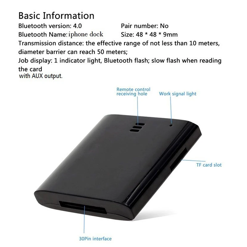 Receptor Áudio Música Compatível Bluetooth, Adaptador Speaker para iPhone 4S, 30Pin