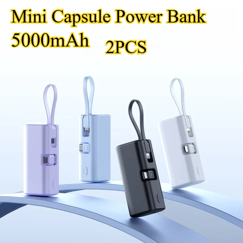 

5000mAh Mini Capsule Power Bank 22.5W Fast Charging - Dual Built-in Cables Type-C/Lightning for IPhone Android Portable Charger