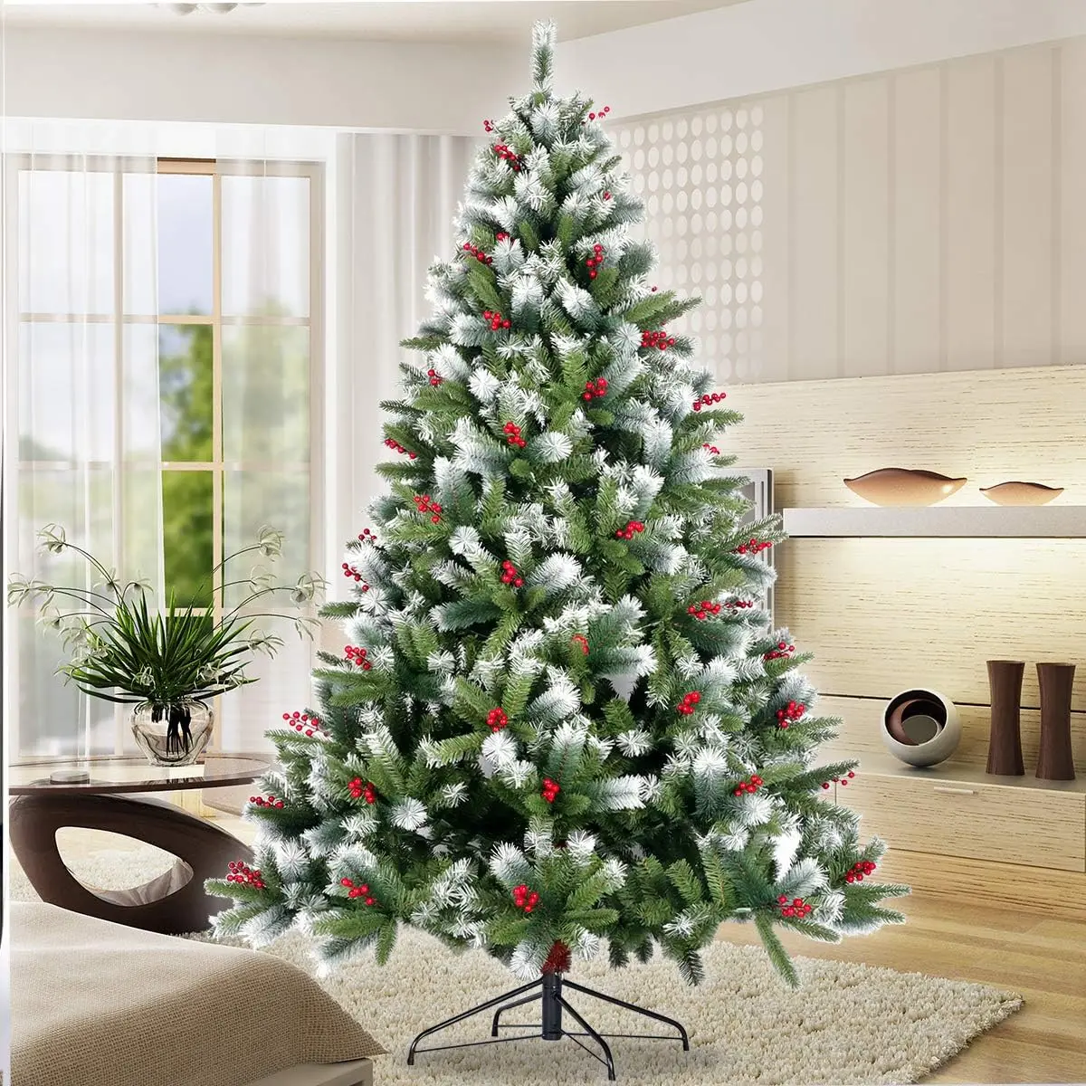 

Artificial Flocked Christmas Tree, Holiday Green Hinged Snowy Xmas Tree with Pine Cones and Red Berries, Faux PVC Xmas Tree