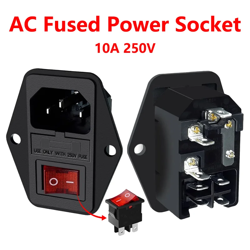 

10A250V Plug Fuse Rocker Switch Male Power Socket lEC320 C14 Connector AC-01A Plug and Fuse DlY Parts