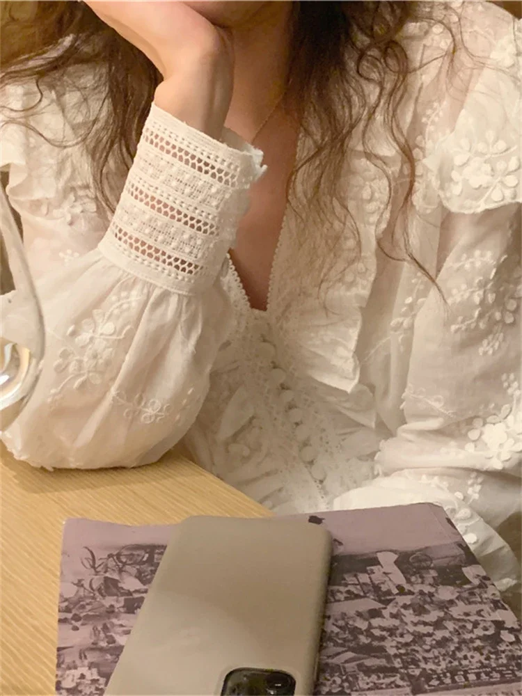 Chemisier en coton à manches longues pour femmes, chemise maxi, blanc, élégant, vintage, surdimensionné, printemps, été, automne