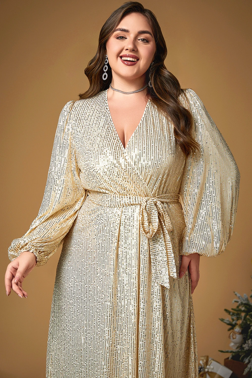 Frauen plus Größe Weihnachten Gold funkelnde Pailletten Laterne Ärmel Schnür Tunika Tee-langes Kleid V-Ausschnitt Puff ärmel elegante Kleider