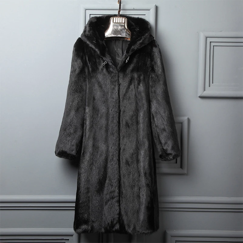 Winter Luxury Long Black Brown Faux Mink Fur Coat Women with Hooded Long Sleeve Elegant Thick Warm Fluffy Furry Jacket