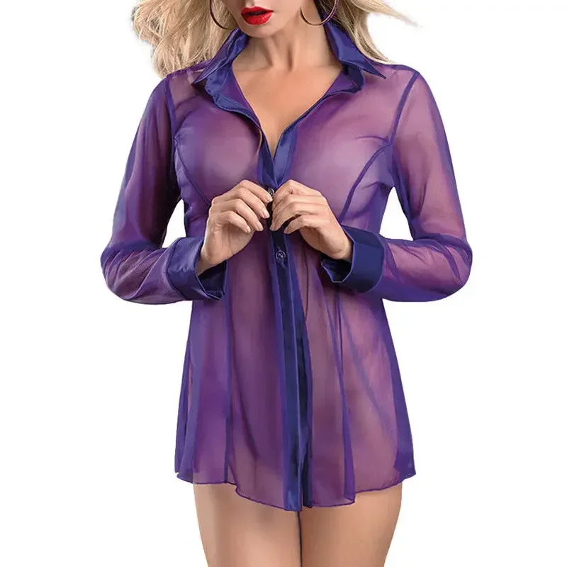 New Sexy Women\'s See Through Sheer Shirt Mesh Blend Lingerie Sleepwear Robe Nightwear Shirt Dress Erotic Solid Ladies Pajamas