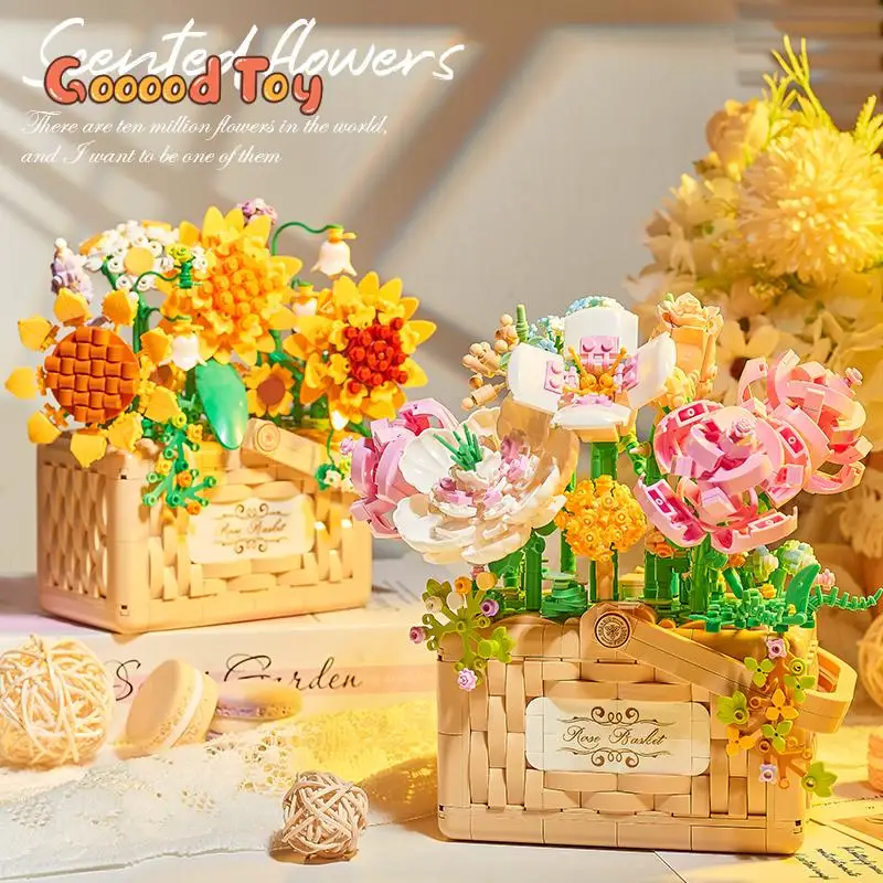 

Flower Bouquet Building Block Flowers Set Basket Blossom Eternal Rose Model Diy Assemble Bricks Children Girls Romantic Gifts