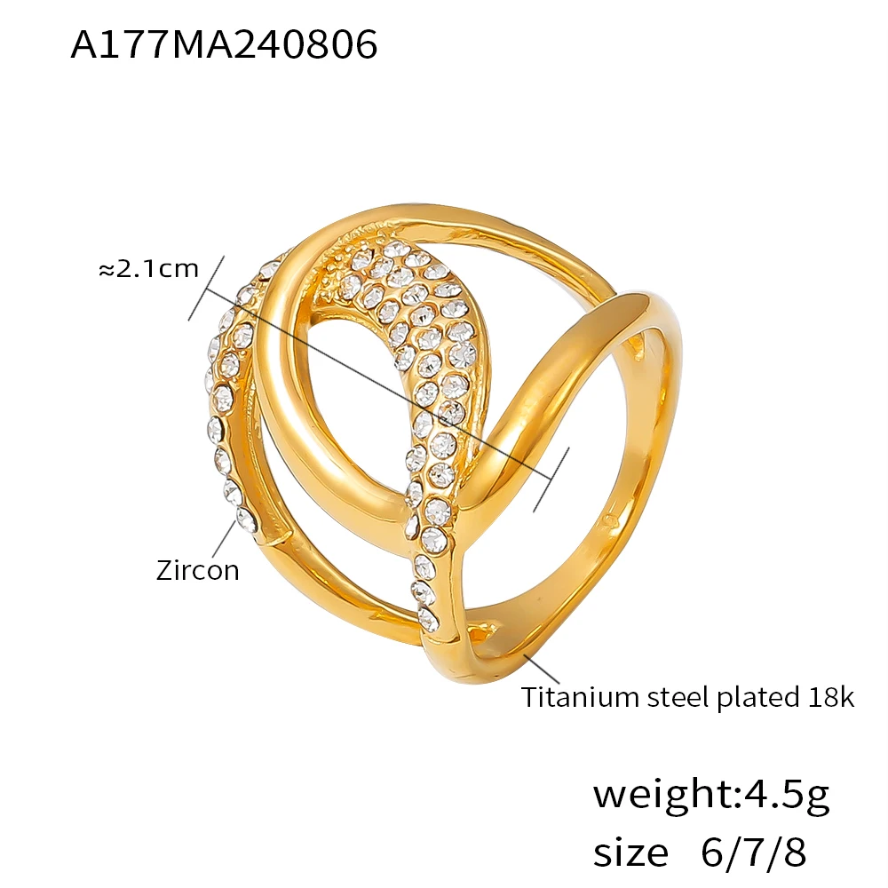 Trendy C Shape Hip Hop Rings for Women Luxury Inlaid Zircon Index Ring Stainless Steel Gold-plated Waterproof Party Jewelry Gift
