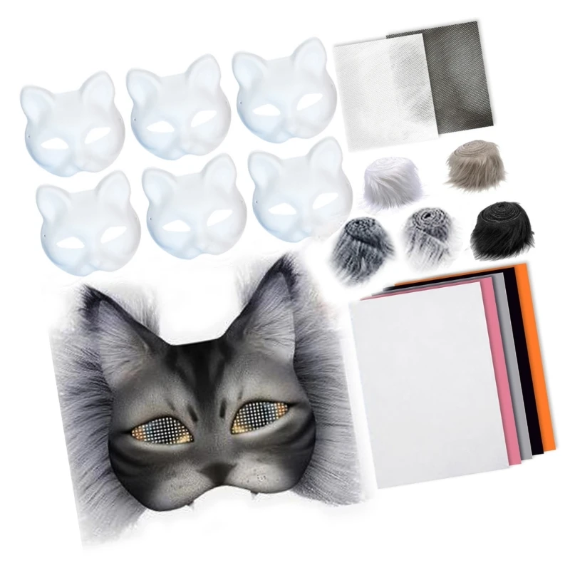 6Pcs Paintable Cats Face Mask with Furry Trim Net Cloth Adhesive Fabric Unpainted Masquerades Mask for Kid Adult Cosplay