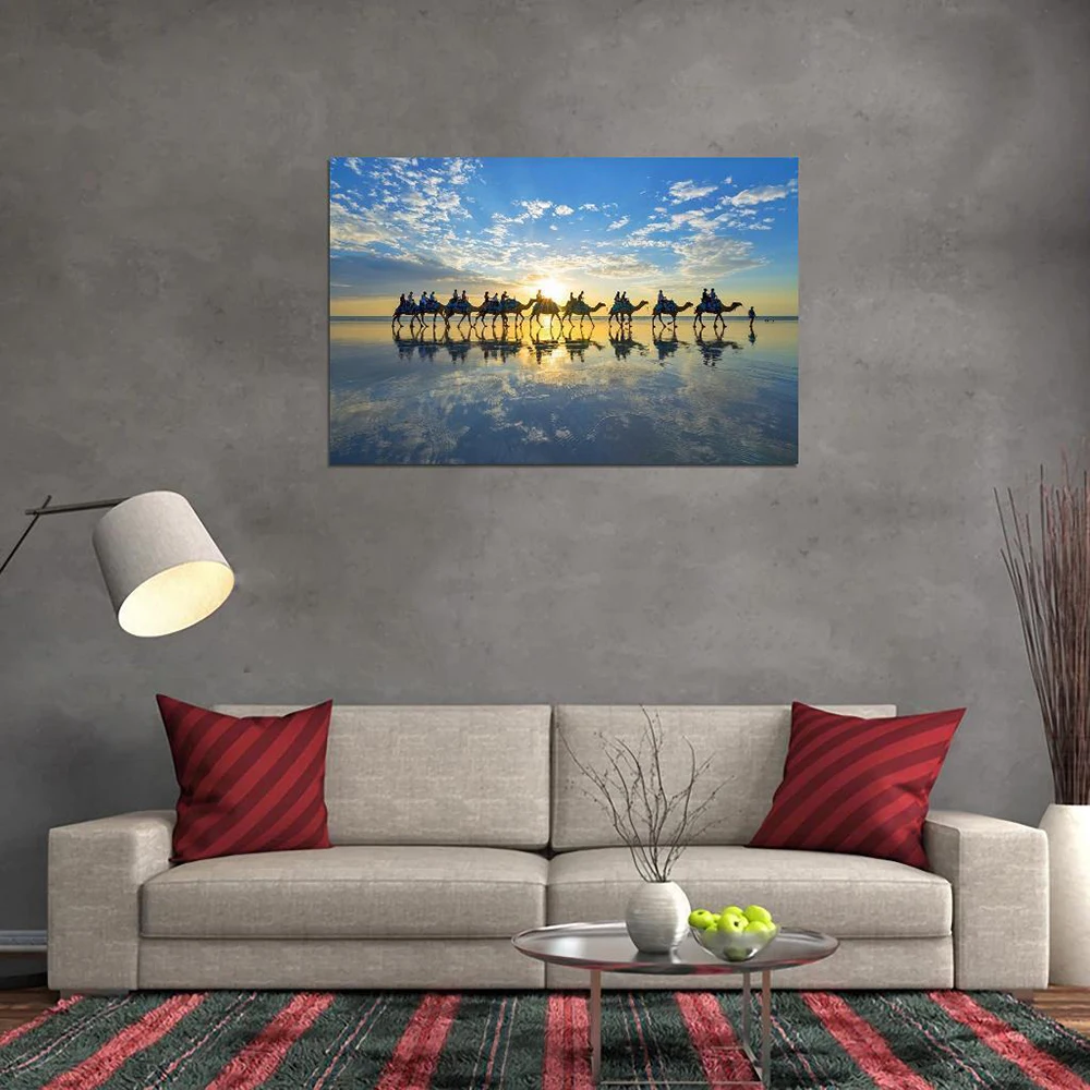 Canvas Print, Camels Walking On The Water Painting, Nature Landscape Wall Art, Poster Picture for Living Room, Home Decor Mural