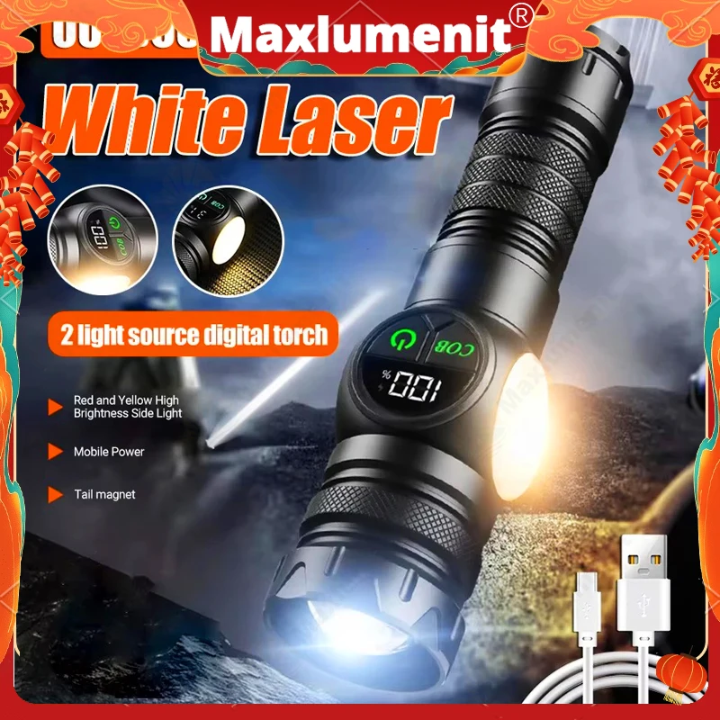 Powerful LED Flashlight White Laser Tactical Flash Light USB Rechargeable Zoom Torch Long Range Lamp Camping Lantern 26650