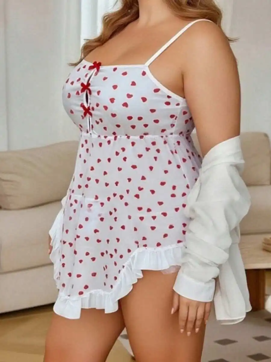 Womens Sheer Heart Print Mesh Cami Nightdress With Bow And Ruffles