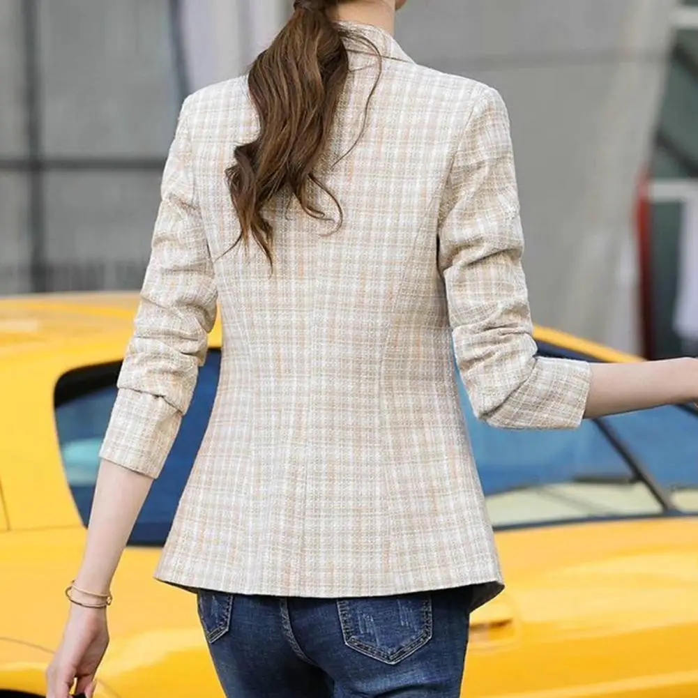 Women Blazer Vintage Plaid Print Turn-down Collar One Button Casual Blazer Women Slim Cardigan Suit Coat Women Jackets veste