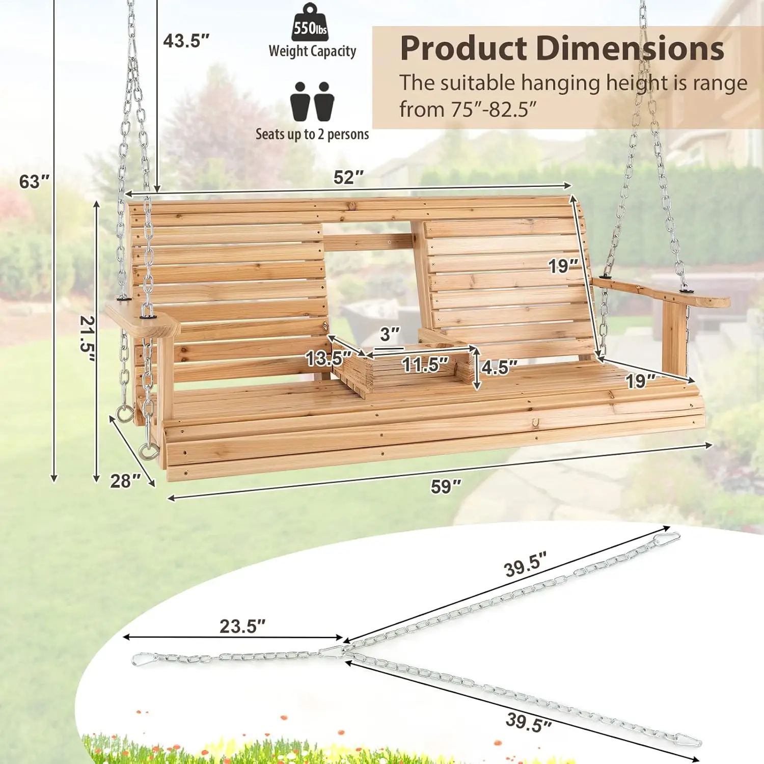 Balançoire de banc extérieure avec équipement réglable, porte-gobelets pliables, dossier haut, confortable, plus riche kula 2