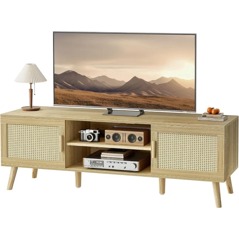 

Boho TV Stand for 55 Inch TVs, Entertainment Center with Adjustable Shelf, Rattan TV Console with 2 Cabinets, Media Console