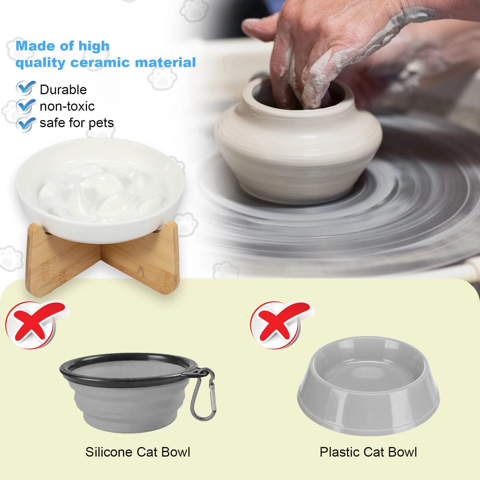 Raised Cat Bowl Elevated Cat Bowls with Wood Stand Ceramic Slow Feeder Bowl Cat Feeding Bowl Anti Vomiting Cat Food Bowl Non-Sli