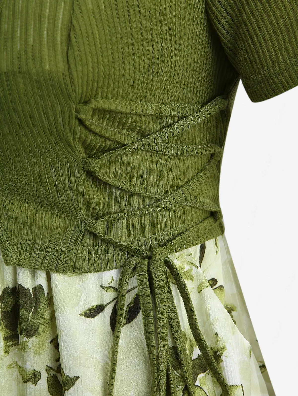 طقم فستان صيفي نسائي من ROSEGAL مقاس كبير مزين بالزهور برباط علوي مضلع وكشكشة مطبوع عليه أوراق شجر فستان كامي وصل حديثًا #4