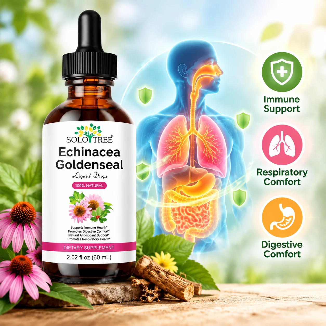 Echinacea Goldenseal Liquid Drops, Support Respiratory,Digestive Comfort,Immune ,Echinacea Root & Goldenseal Root Extract, 60ml