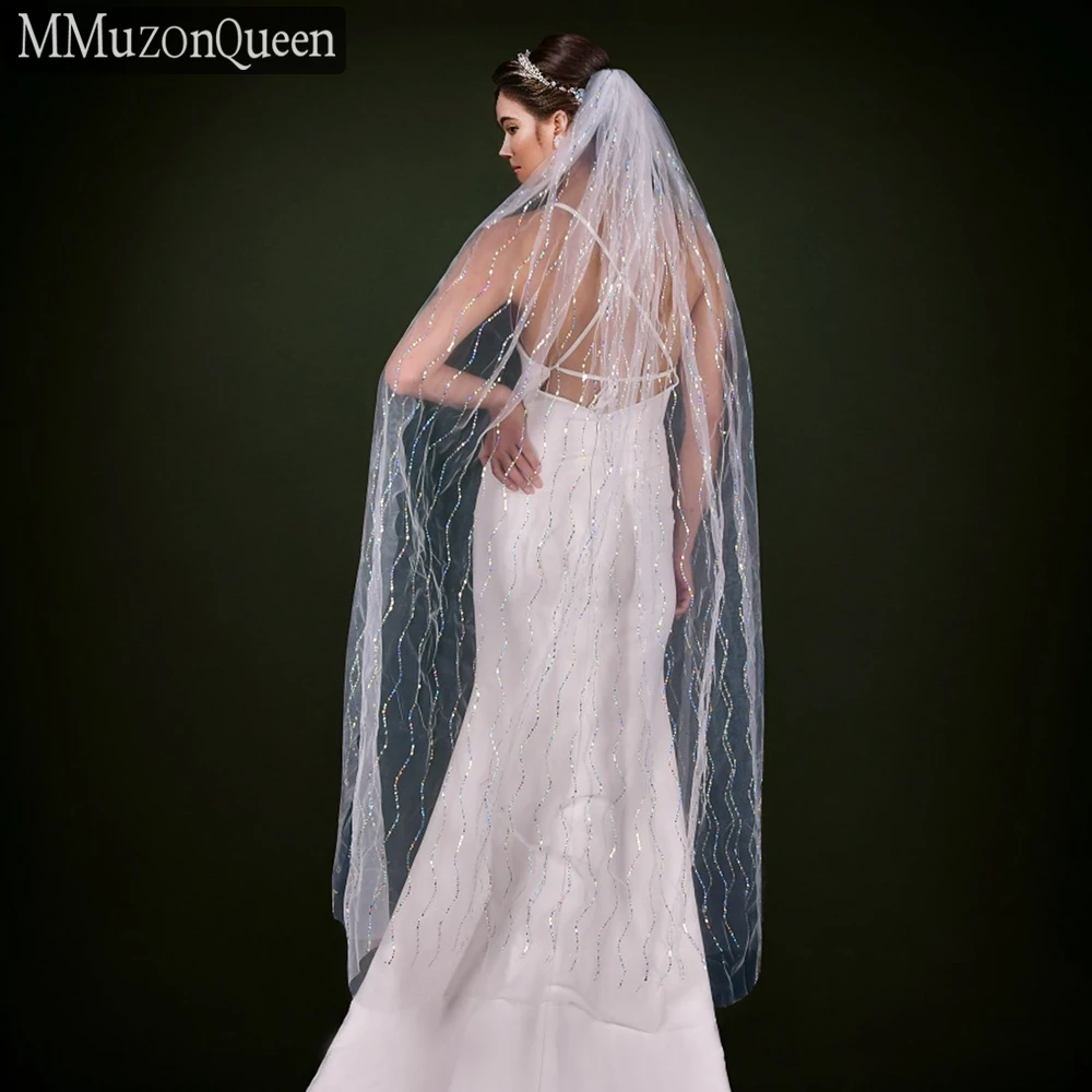 MMQ M02 Sparkling Sequins Wedding Veil with Comb Soft Tulle Yarn Single Layer Bling Bling wedding bride accessories