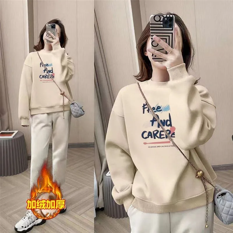 

Fashion 2025 Autumn and Winter New Style Velvet Thickened Sweatshirt Printed Fashion Versatile Round Neck Top for Women