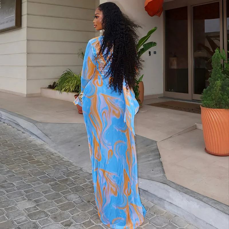 2025 Elegante dames maxi-jurk met lange mouwen, retro bedrukte flare-mouwen, O-hals, a-lijn, bodycon, vakantiefeest, lente-zomerjurken