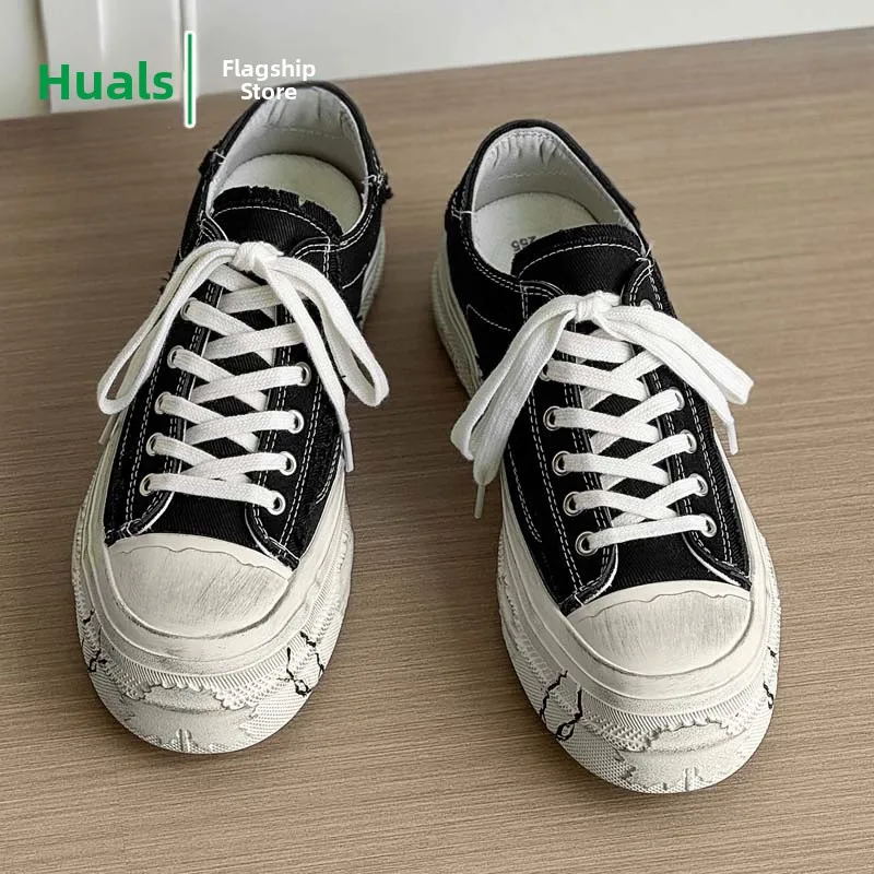 Men's Canvas Shoes Summer Breathable Retro Distressed Sports Low Top Heightening Thick Bottom Casual Retro Style Board Shoes