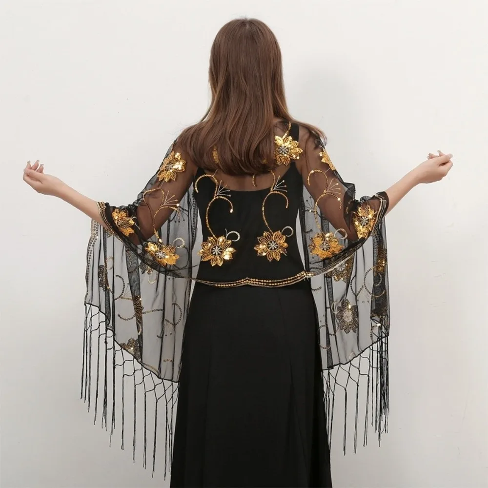 

Elegant Glitter Sequins Shawls Tassel Embroidered Lace Mesh Wedding Cape Long Flower Pattern Bridal Bridesmaid Shrugs Wedding