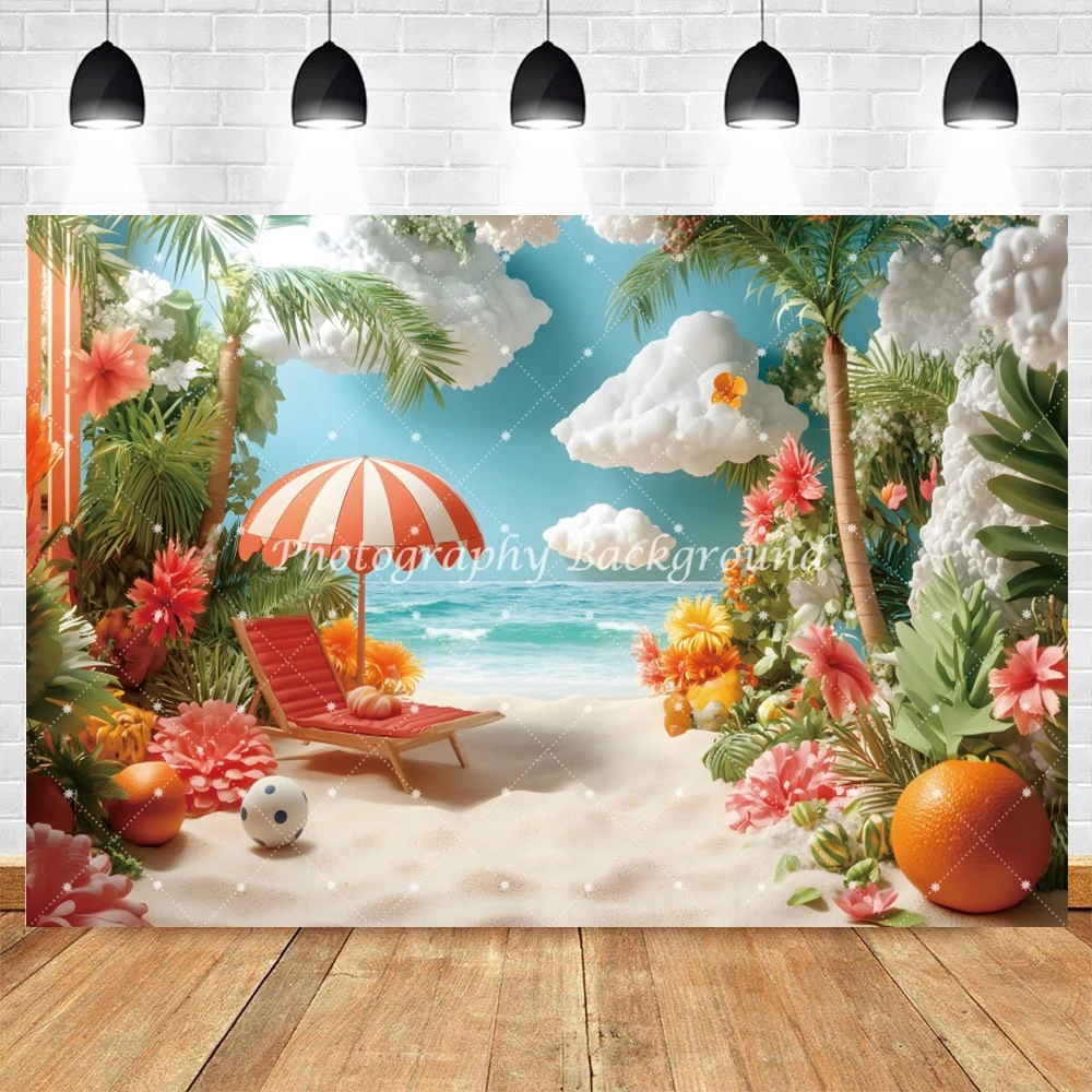 Summer Beach Party Photography Backdrop Parasol Recliner Sun Bath Travel Holiday Photo Photographic Background Photostudio Props