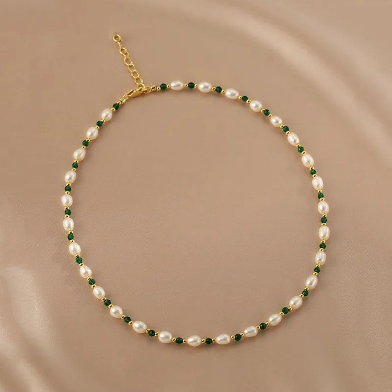 Minar Dainty Green Color Glass Beads Freshwater Pearl Beaded Necklace for Women 14K Real Gold Plated Copper Choker Jewellery