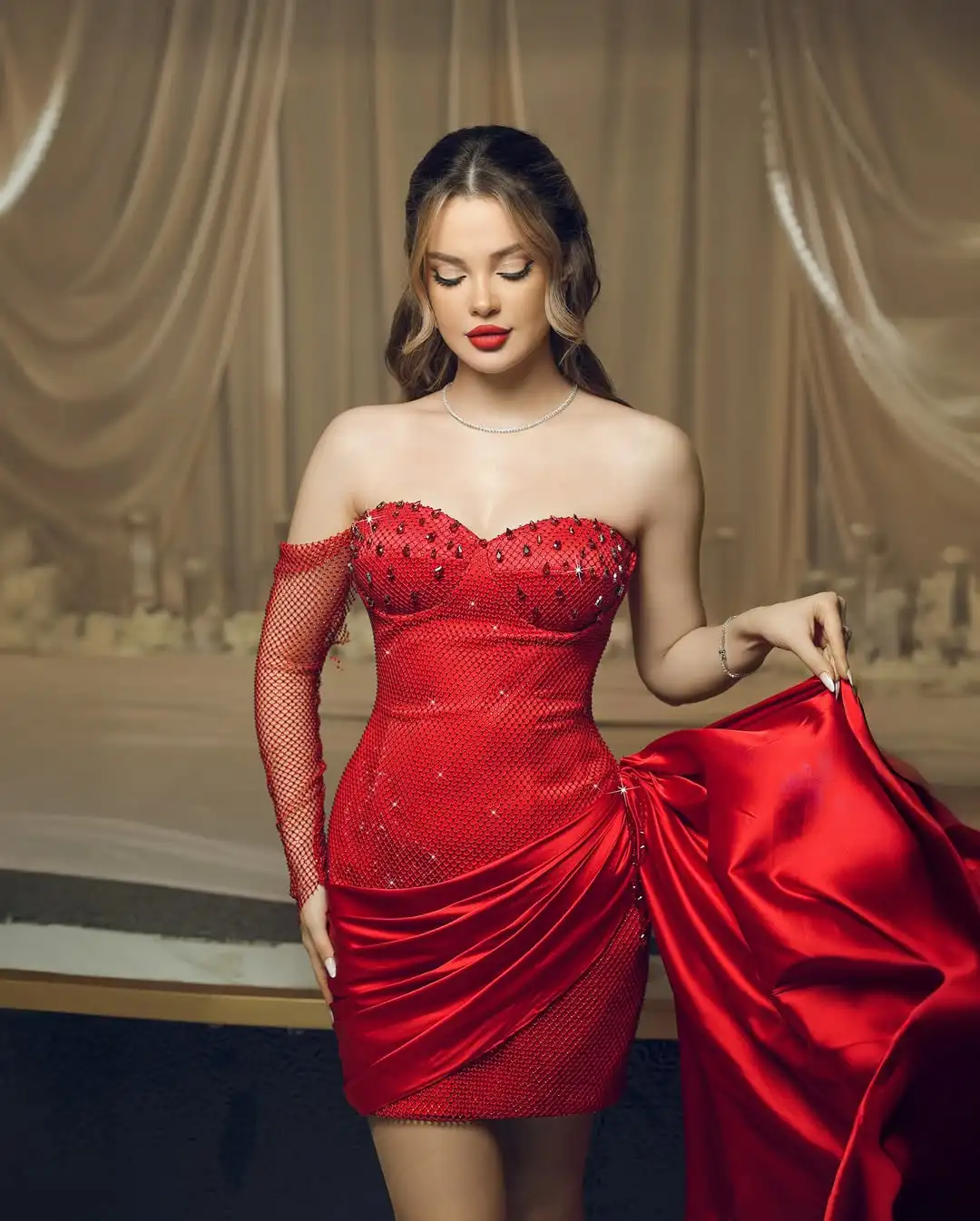 Design Sexy Sweetheart One Sleeves Net Crystal Corset Waist Pleated Ribbon Bodycon Mini Cocktail Evening Prom Formal Party Dress