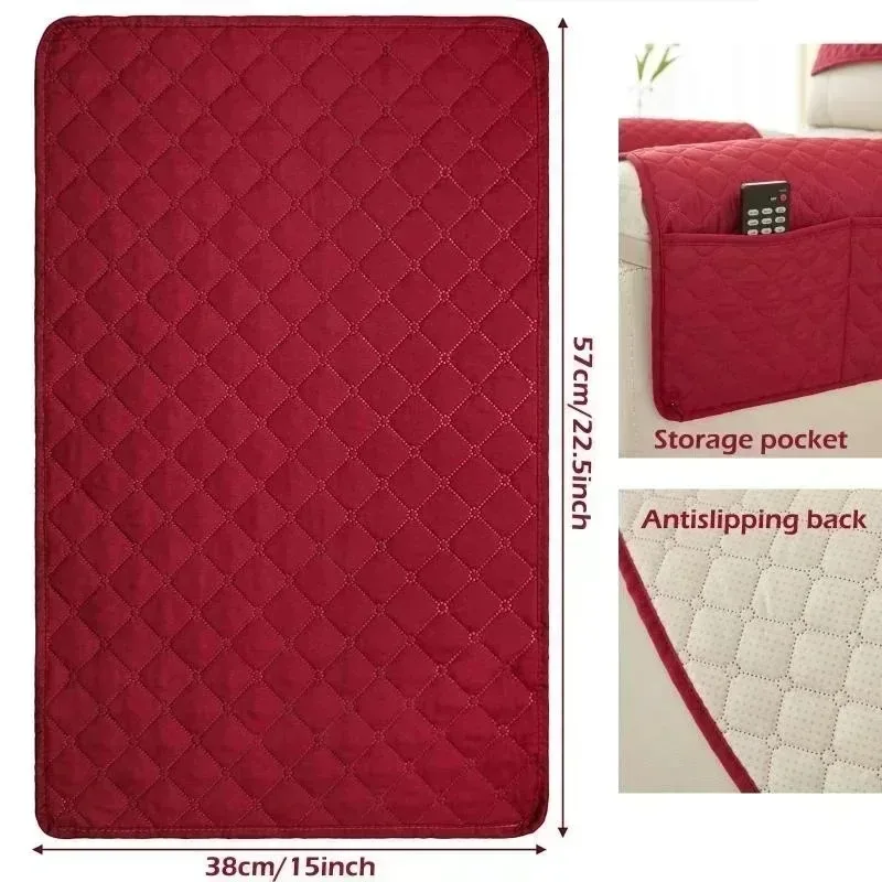 3PCS Quilted Fleece Sofa Cover Set Non-Slip Stretch Fit Armrest & Headrest Protectors with Storage Pockets for Recliner Chair