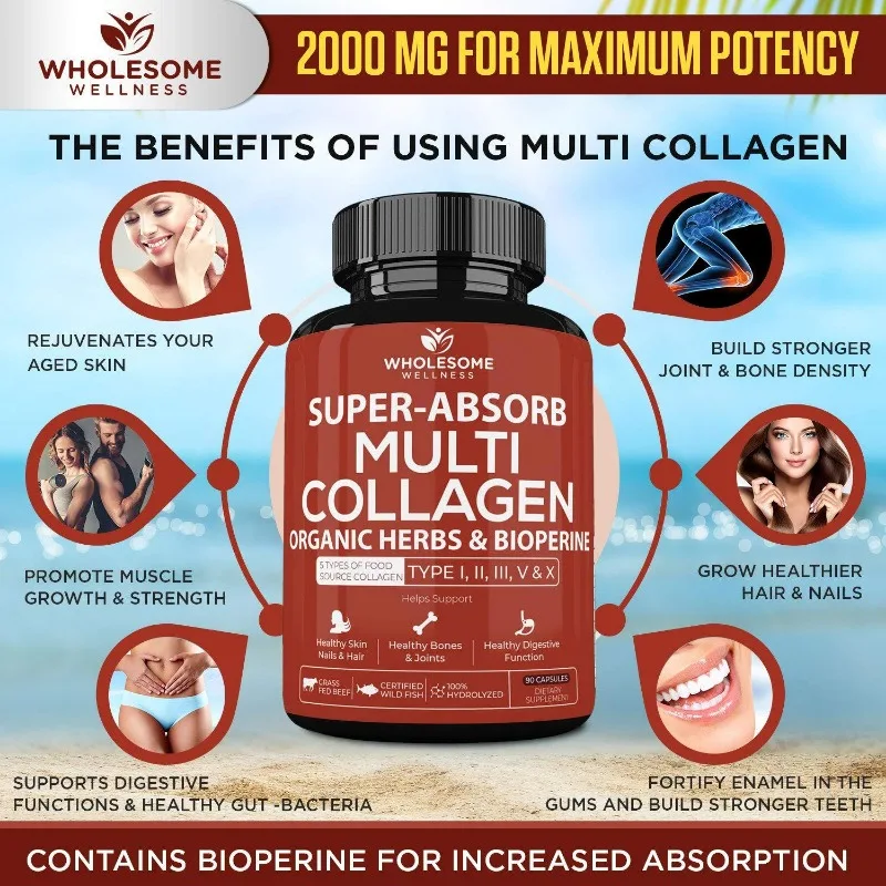 Super Absorbable Multi-Collagen - Anti-Aging, Hair, Skin, Nails, Joints - Hydrolyzed Collagen Peptides Supplement for Women Men