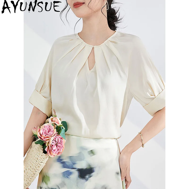 AYUNSUE 100% Silk Women's T-shirts High Quality O-neck Tops for Woman Elegant Commuting Women T Shirts Summer Woman Clothes Топ