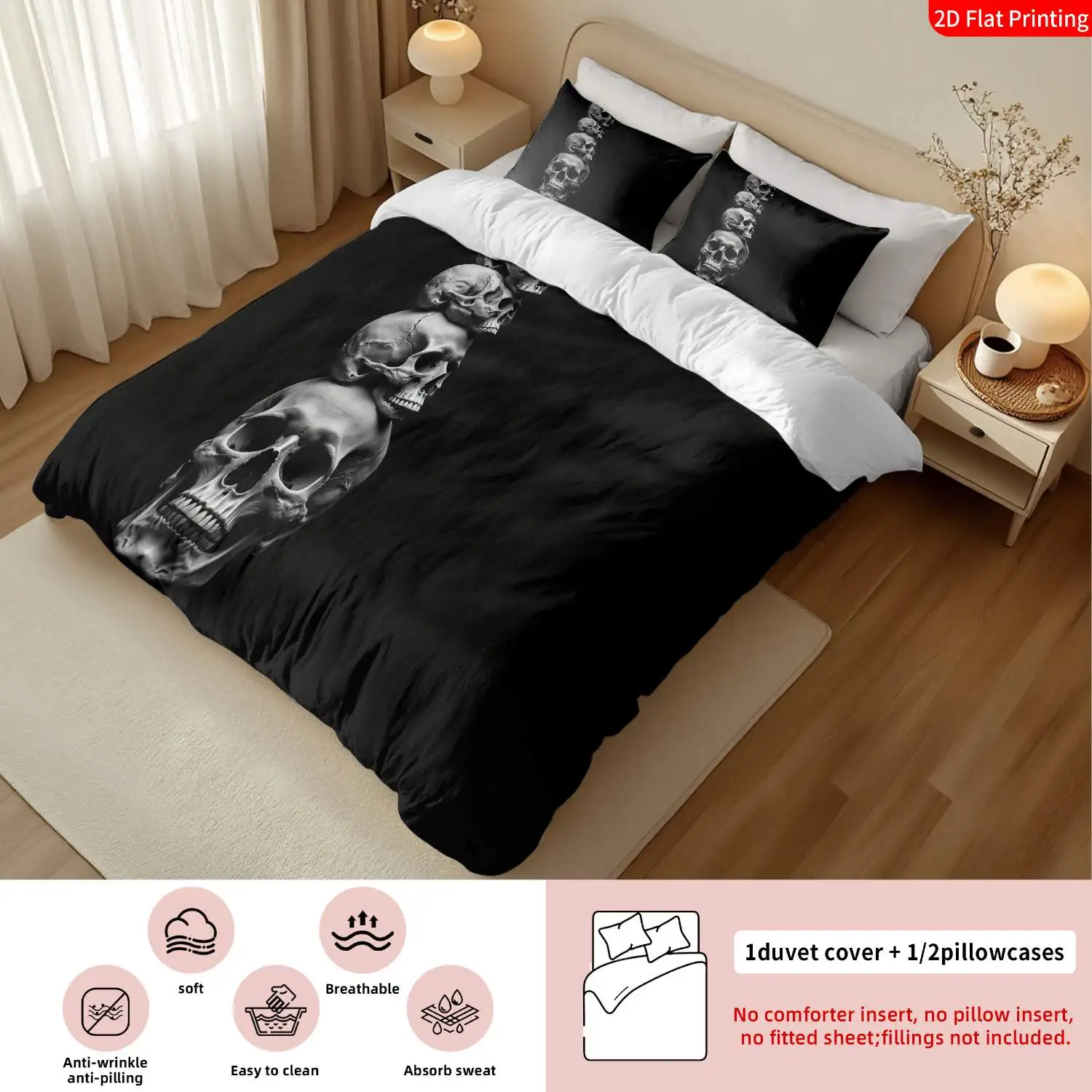 Soft Duvet Cover Set of Three 2D Flat Printed Duvet Covers, Gothic Revival Halloween Horror Skull Pattern Bedding Set, Black and White Skull Pattern Suitable for Bedroom Decoration, Duvet Cover Set, Christmas Decoration, All-Season Use, Machine Washable, Invisible Zipper, Large Duvet Cover Set, Bedding Set, Quilt Cover