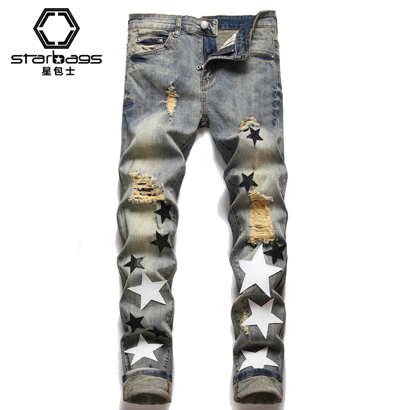 stabags new 2024 summer street men's jeans embroidered cotton pants youth popular tight mid-waist casual