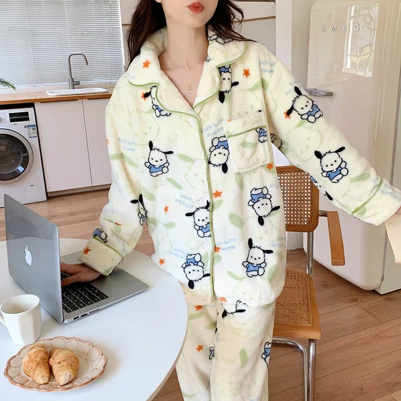 MINISO Sanrio Pochacco Pajamas Cartoon Anime Winter Velvet Thickened Warm Home Clothes Set Student Dormitory Casual Wear Gift