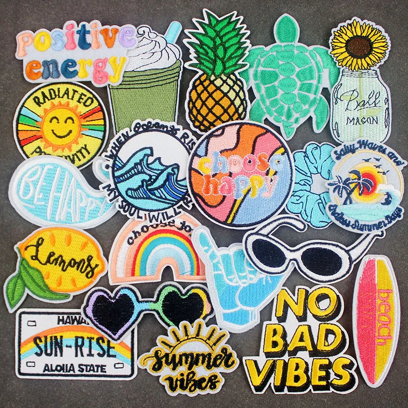 Be Happy Beach Ironing Patches for Cloth DIY Handmade Badges Embroidery Sunglasses Sewing Supplies Appliques 20 Pcs a Lot