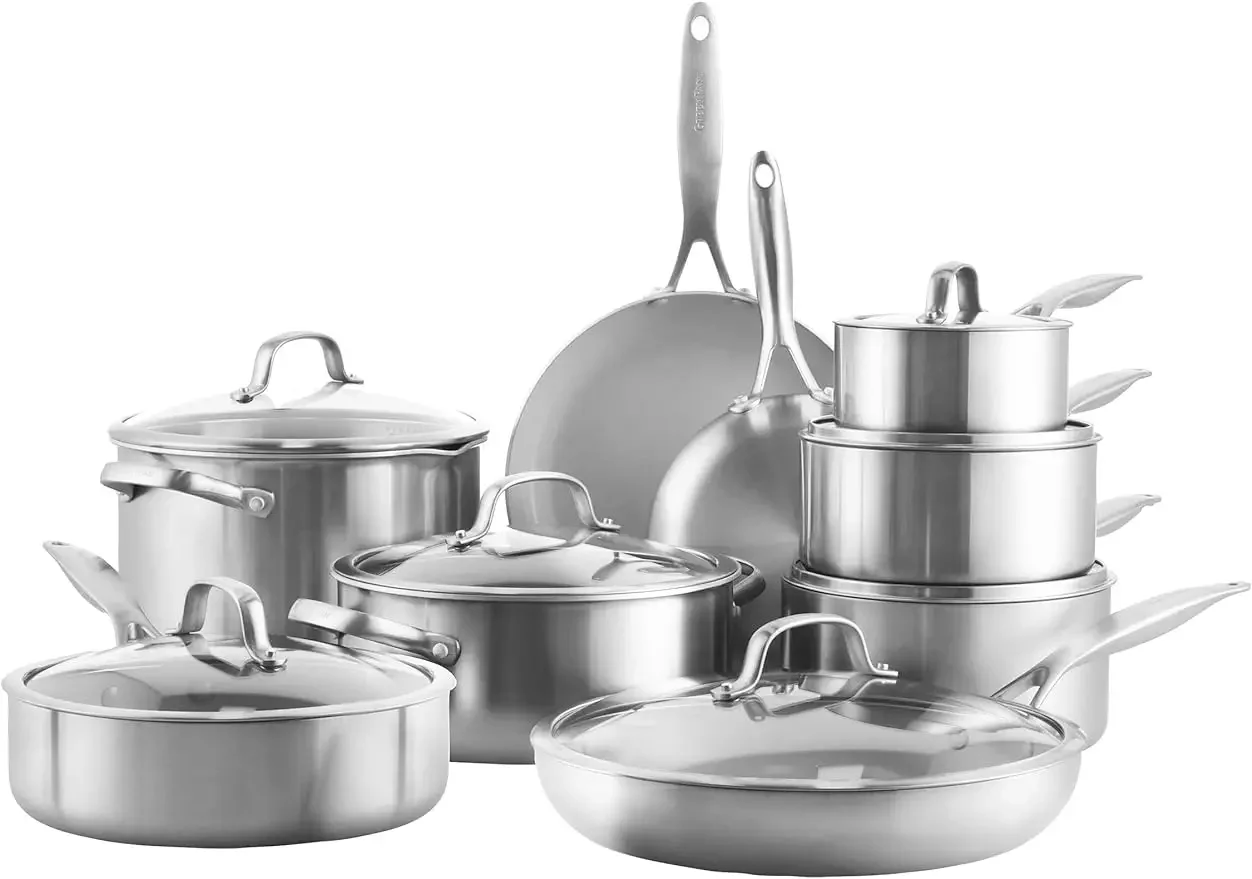 GreenPan Venice Pro Tri-Ply Stainless Steel Healthy Ceramic Nonstick, 16 Piece Cookware Pots and Pans Set, PFAS-Free