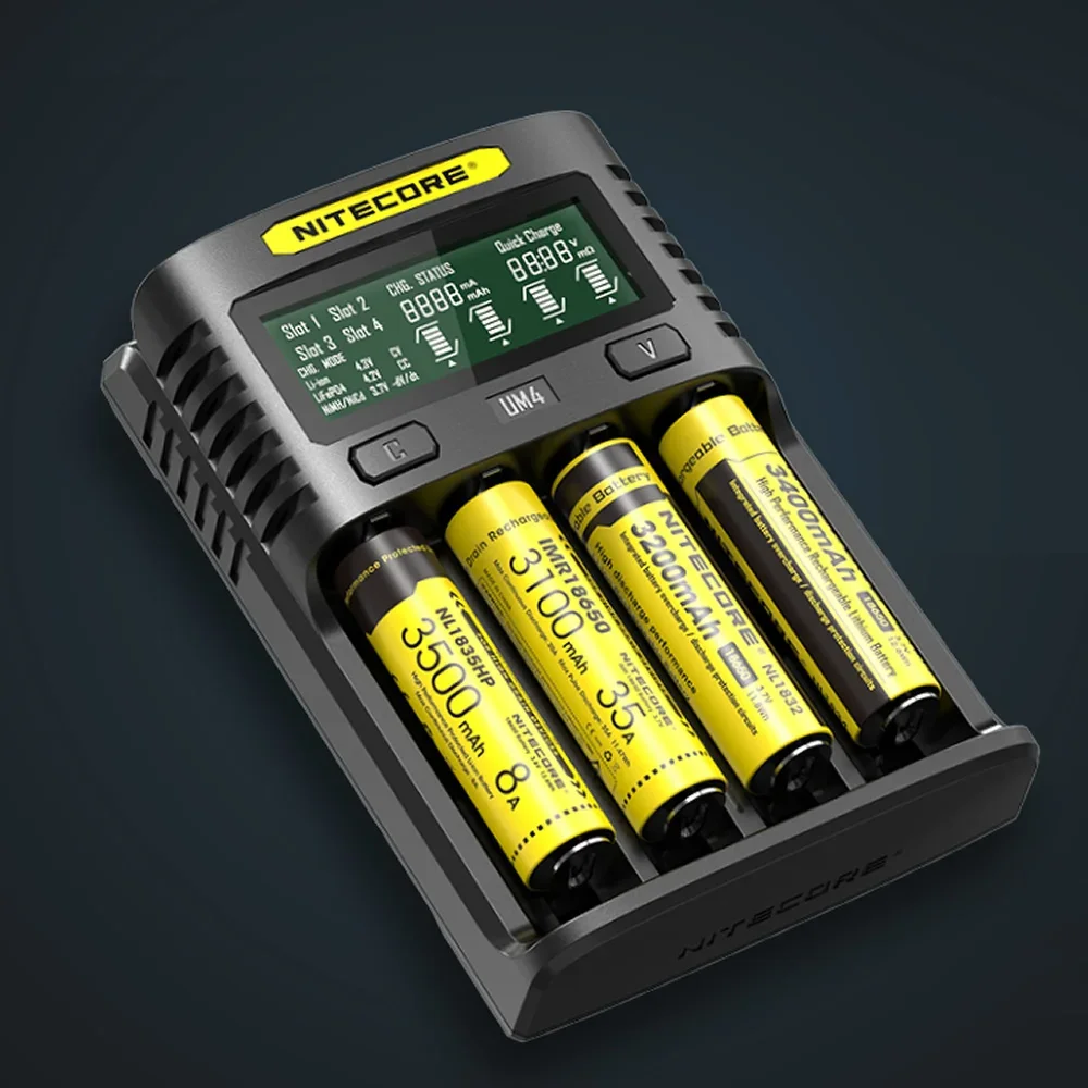 Nitecore UM4 ذكي USB 4 فتحة شاحن شاشة الكريستال السائل Ni-Cd Ni-MH ليثيوم أيون IMR 18650 بطارية أوتوماتيكية عالمية ماكس 3A الناتج