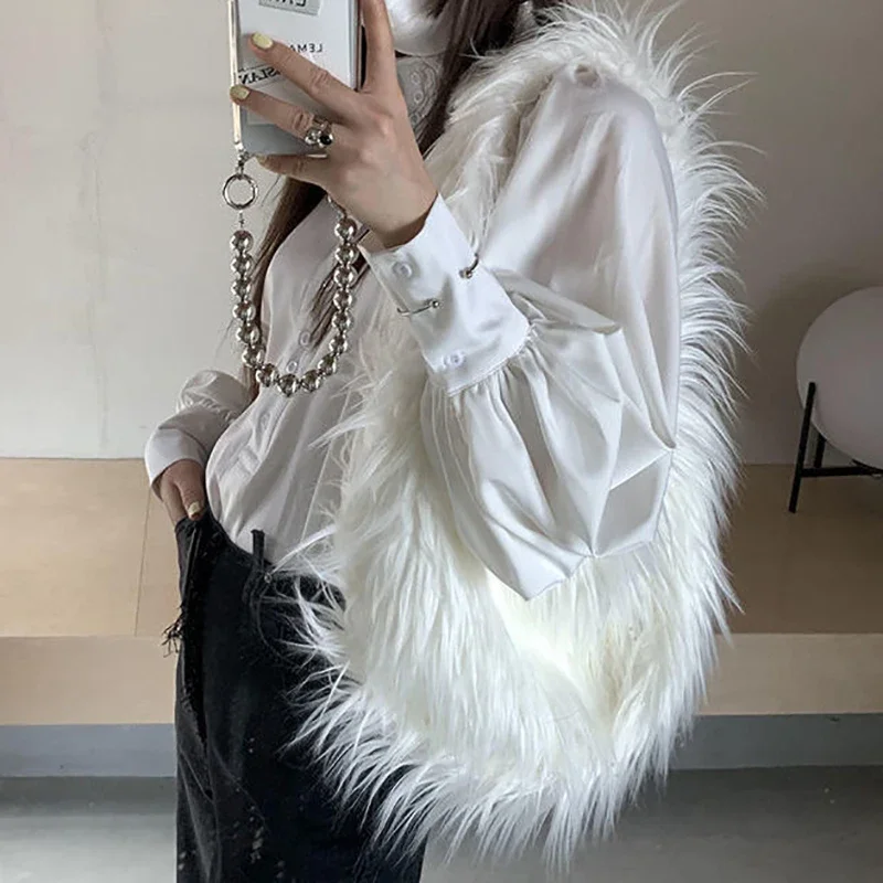 HAEX Y2K Faux Fur Solid Women\'s Bag 2022 Trend Individuality Winter Plush Shoulder Bags Female Fashion New Design Bolso Mujer