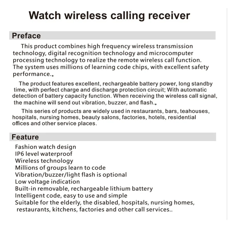 Exquisite-690-D1 Wireless Watch Receiver Waiter Call Restaurant Pager For Cafe Dentist Clinic Home