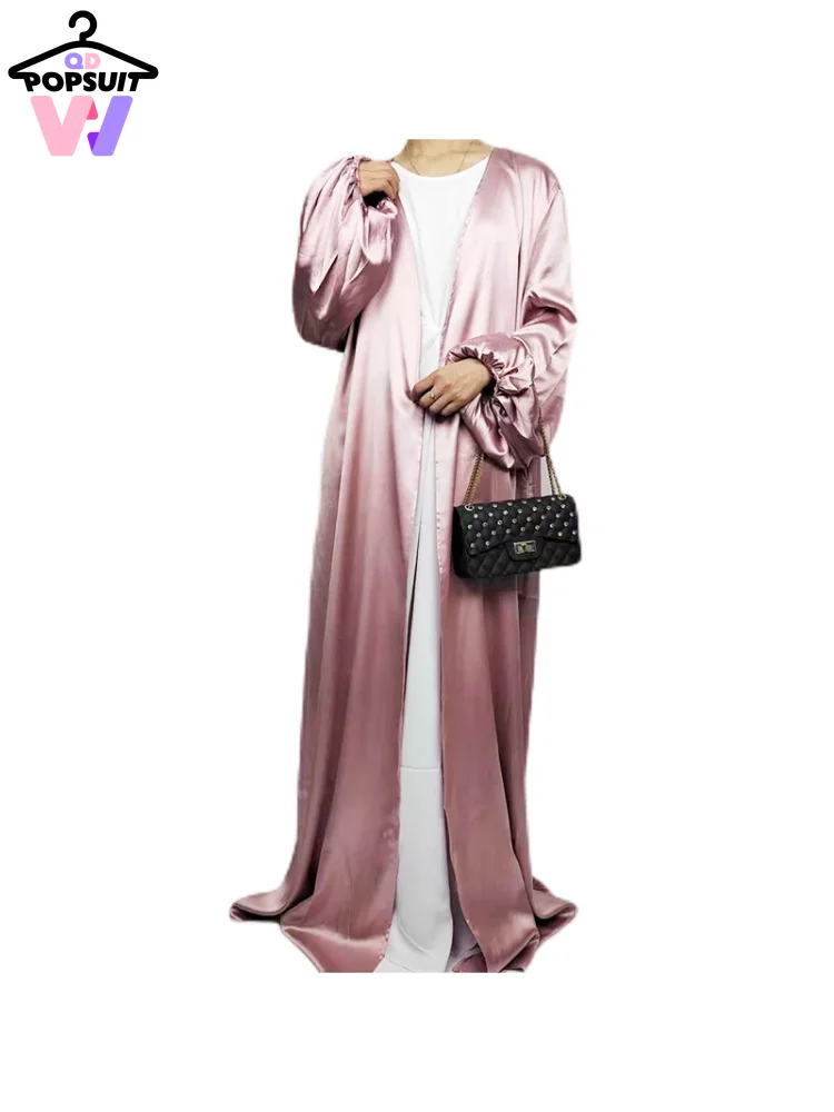 

Women Dress New in Muslim Abayas Dubai Smooth Satin Long Puff Sleeve Loose Open Lining Optional Street Party Long Cardigan Robes