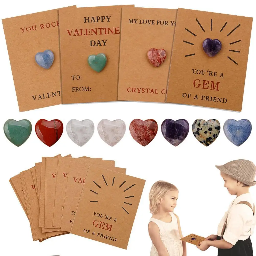 24Pcs Valentines Cards With Heart-Shape Stone Valentines Gift Cards For Boys Girls Class Classroom School Party Favor