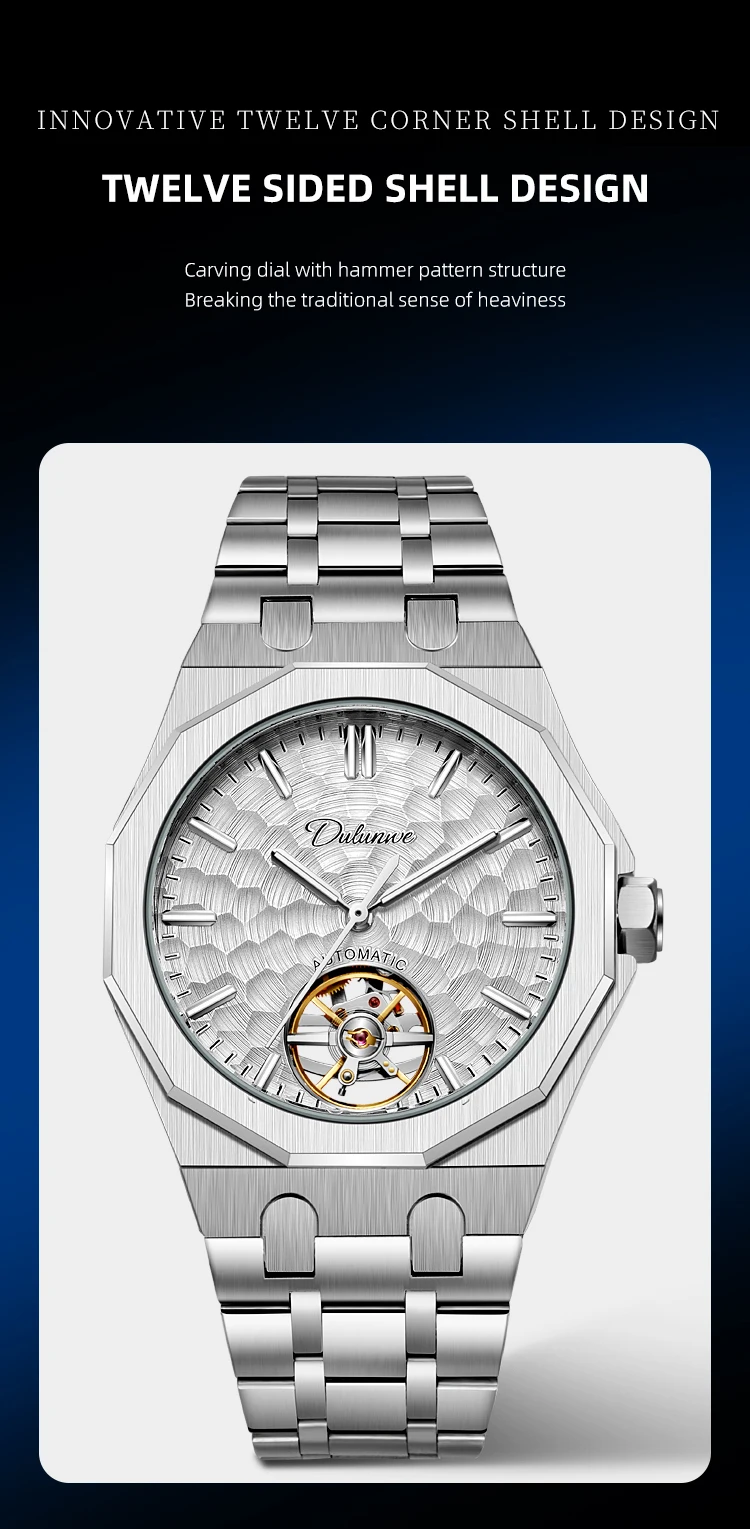 Automatische mechanische Herrenuhr mit orangefarbenem Zifferblatt, Skelett-Tourbillon, achteckige Armbanduhr aus Edelstahl, luxuriöse wasserdichte Uhr – Detail 9