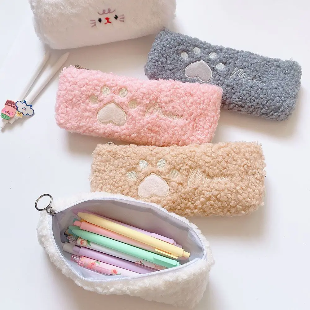 Cute Cat Paw Pencil Bag borsa per penna in peluche Organizer per cancelleria di grande capacità astuccio per cosmetici astuccio per ufficio