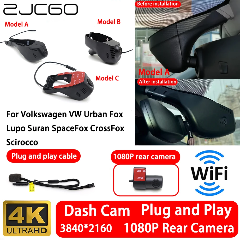 Câmera Frontal e Traseira 4K 2160P para Volkswagen VW Urban Fox Lupo Suran SpaceFox CrossFox Scirocco, Dash Cam Wifi Plug and Play