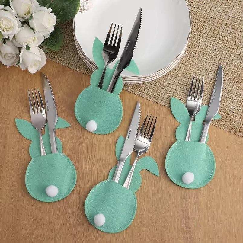 4Pcs Easter Bunny Felt Cutlery Holder Bag Happy Easter Decorations for Home Tableware Accessories Rabbit Cutlery Cover Bag Table - Image 5