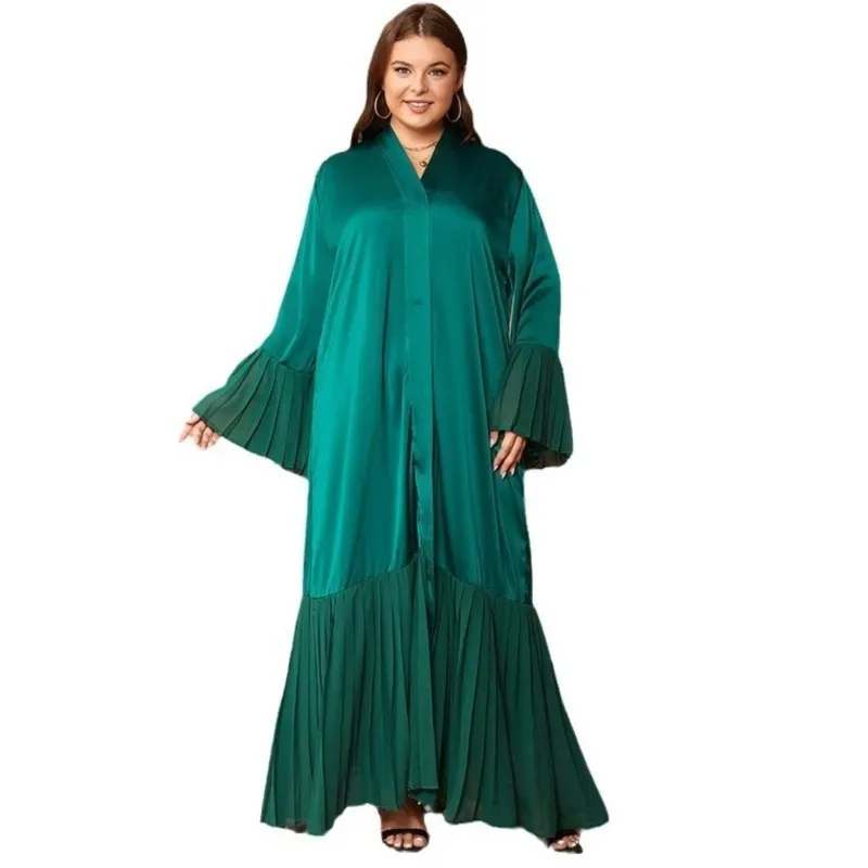 

Green Loose Maxi African Dresses For Women New Arrival Fashion Pleated Bell Sleeve Chiffon Big Size Dress Muslim Abaya Robes