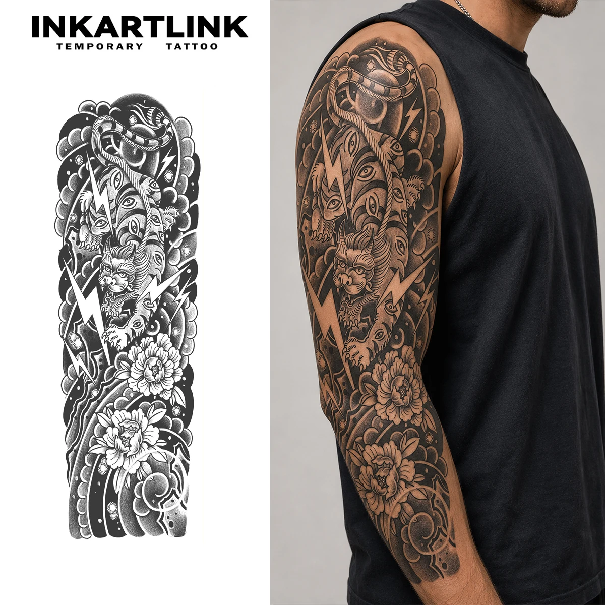 INKARTLINK Mythical Beast/Yokai Temporäres Tattoo mit langem Ärmel – wasserfest, hält etwa 15 Tage, Party-Essential